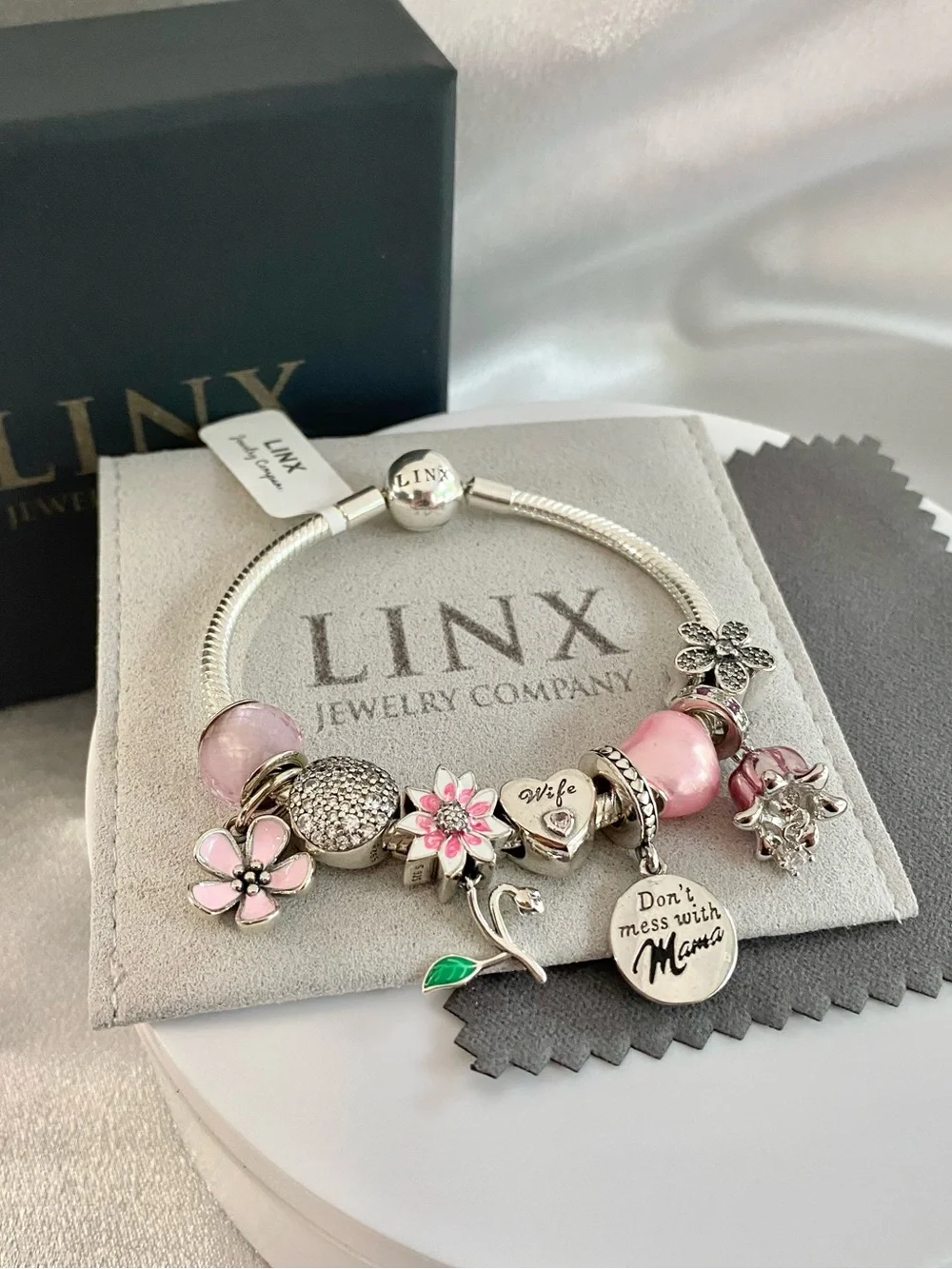 Linx Snake Chain Bracelet with Wife and Mom Themed Charms